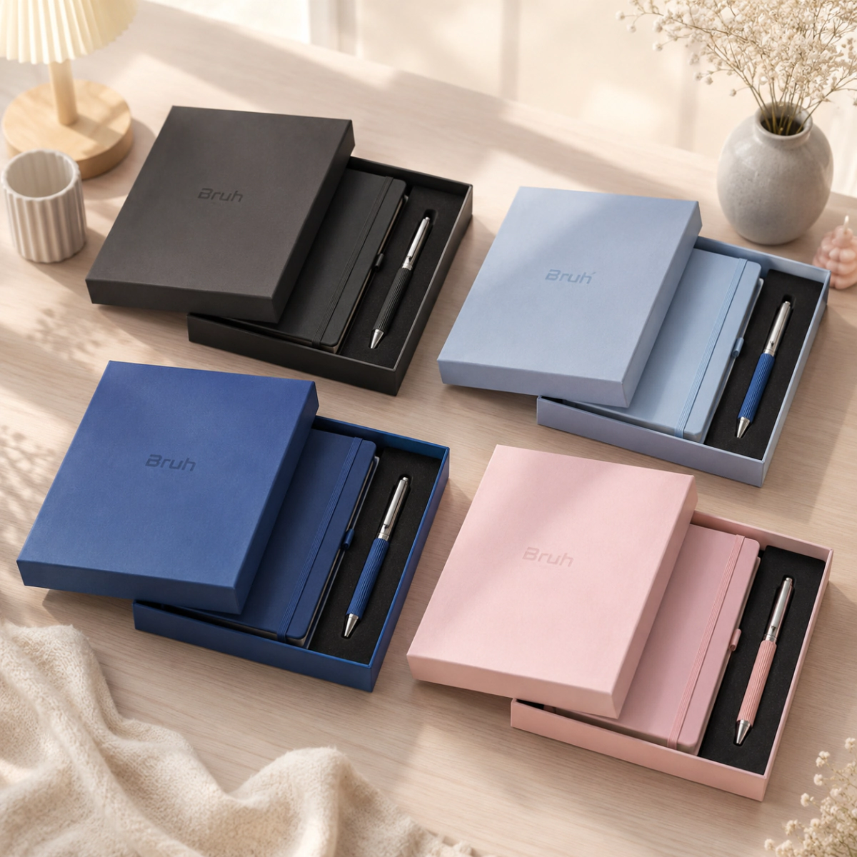 CUADERNO Y BOLIGRAFO EN CAJA REGALO (Gris, Rosa y Azul)