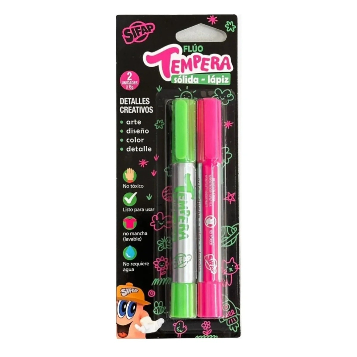 TEMPERA SOLIDA LAPIZ 6g FLUO ROSA & VERDE x2