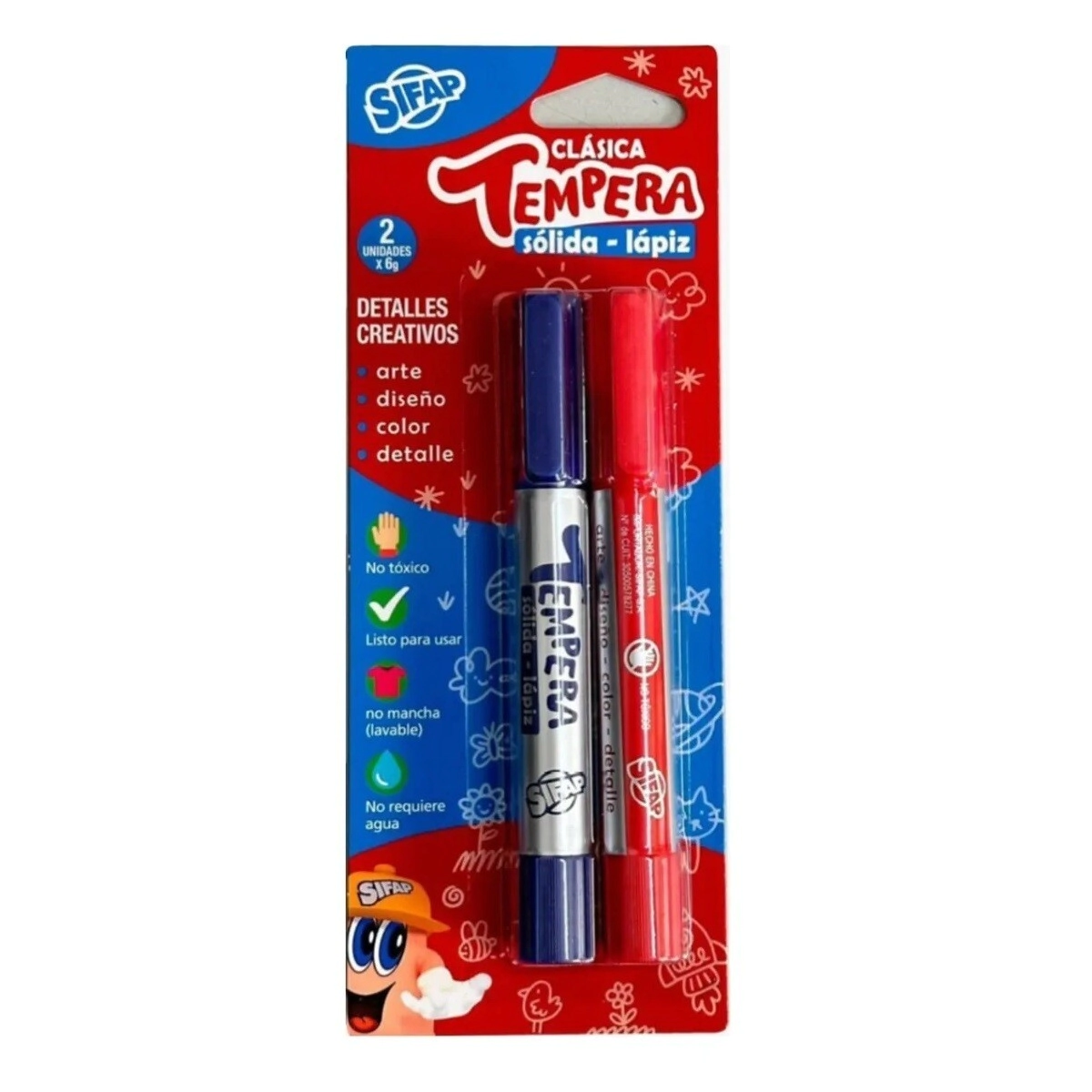 TEMPERA SOLIDA LAPIZ 6g CLASICA Rojo & AZUL x2