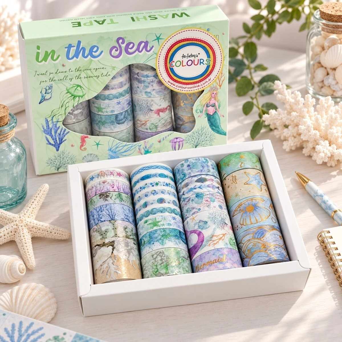 Set cintas adhesivas decorativas de papel en caja x 24 rollos - Mundo marino
